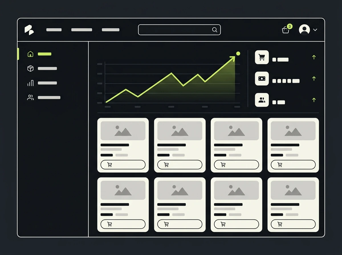 Ecommerce store dashboard showing organic sales growth and a product grid for a Columbus online store
