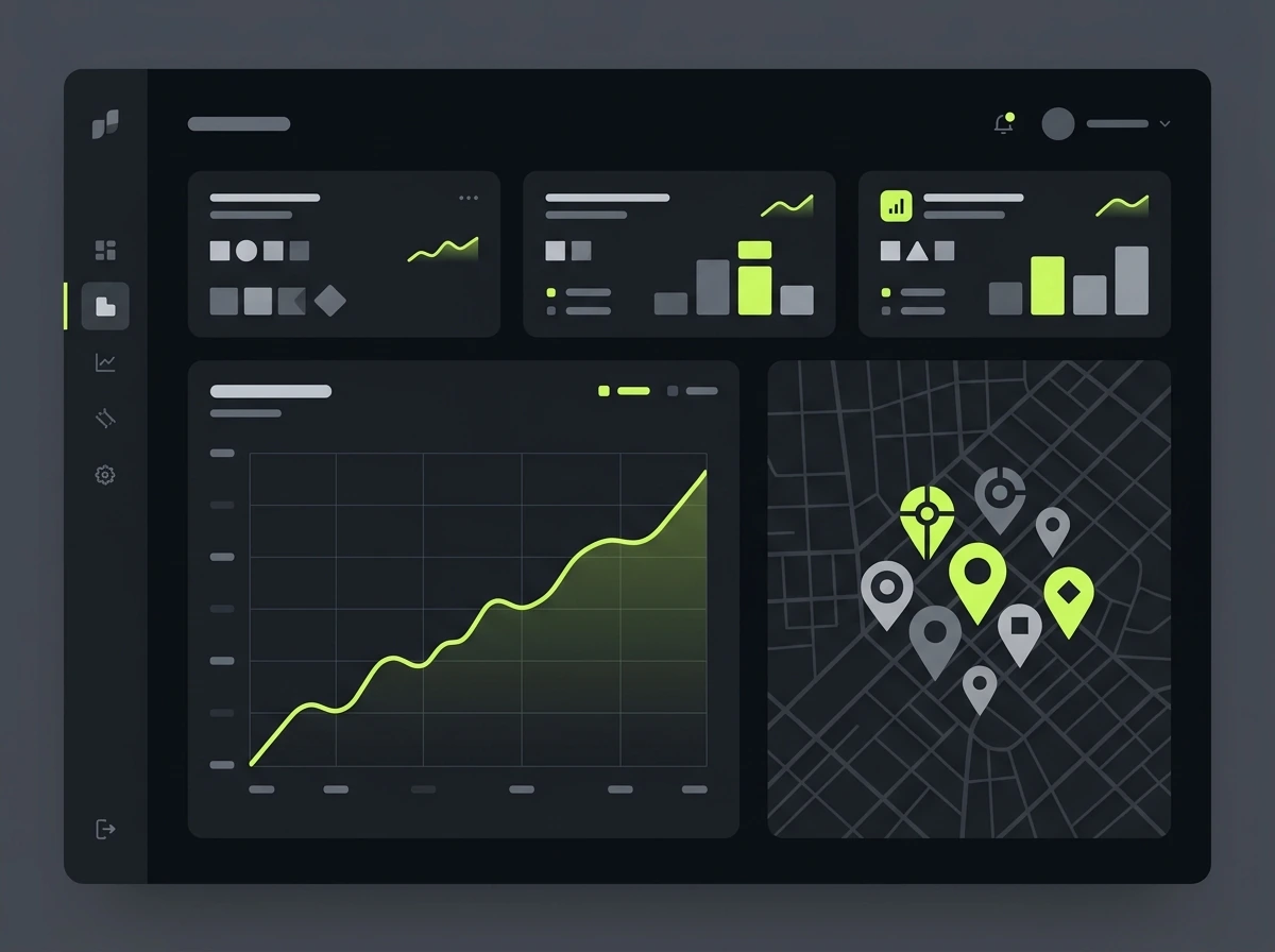 Local SEO analytics dashboard showing ranking growth and a map pin cluster for a Columbus, Ohio business