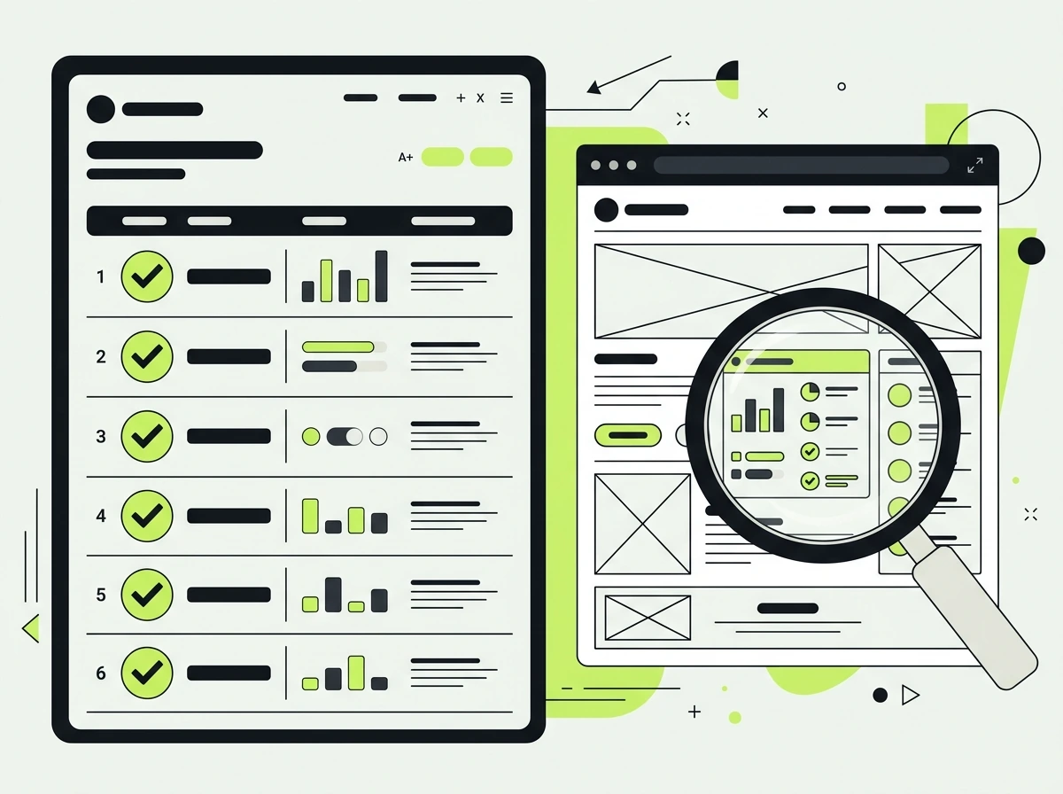 SEO audit report checklist beside a website wireframe under a magnifying glass