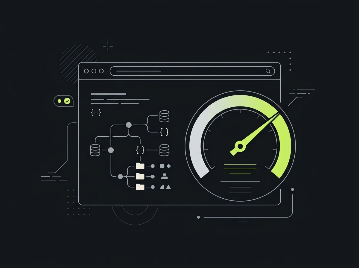 Technical SEO view showing a site speed gauge and schema structure for a Columbus, Ohio website